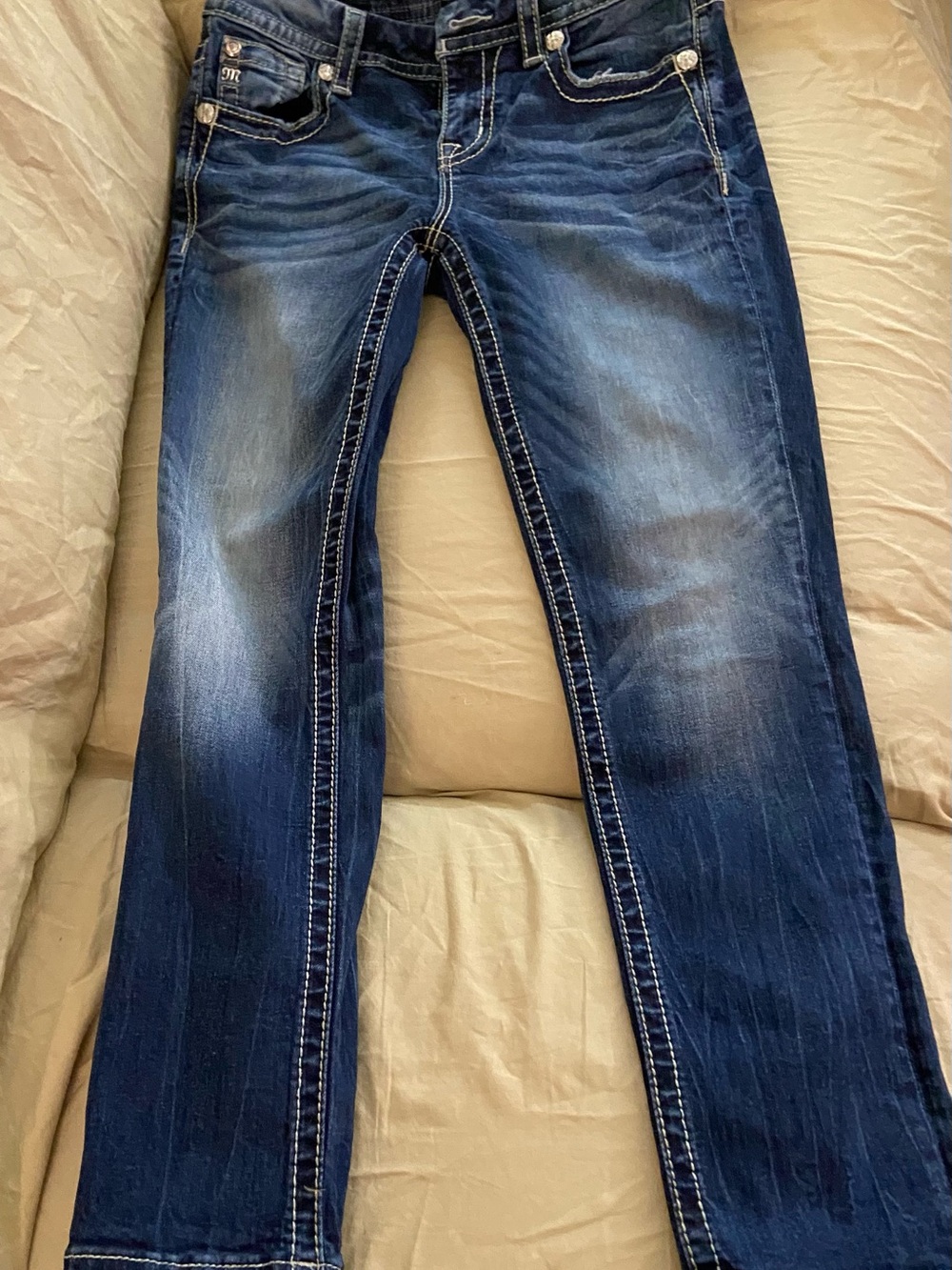 Miss Me Dark Blue Jeans with Cream Embroidered Pocket - Picture 3 of 5